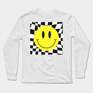 Checkered 70s 80s 90s Yellow Smile Face Cute Smiling Happy Long Sleeve T-Shirt